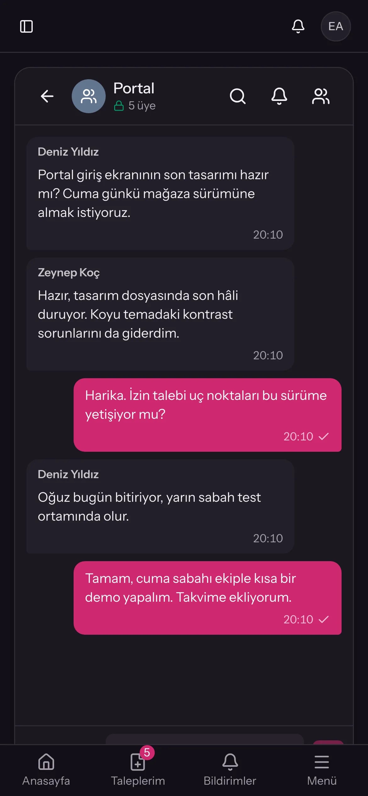 İç iletişim yazışması ekranı