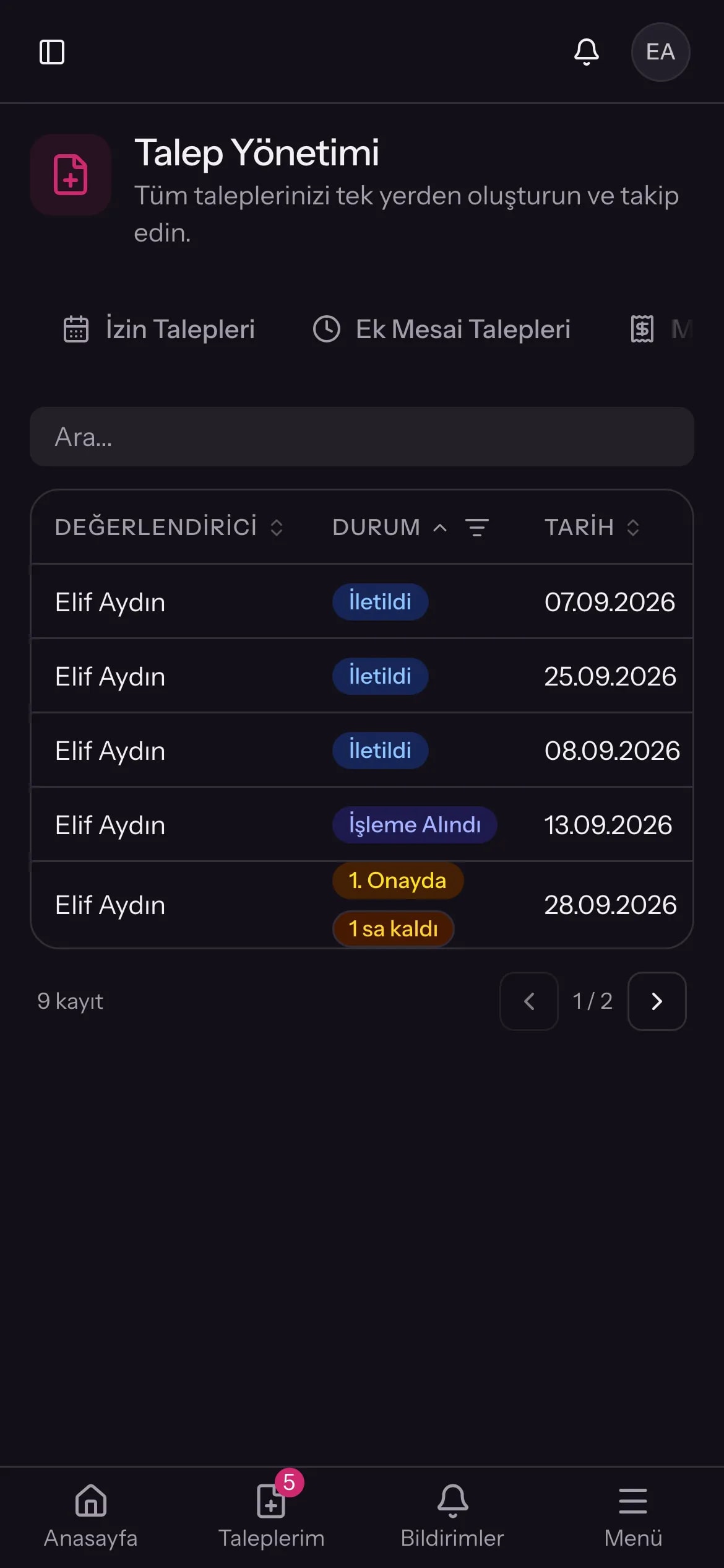 Onaylanmış talep ekranı